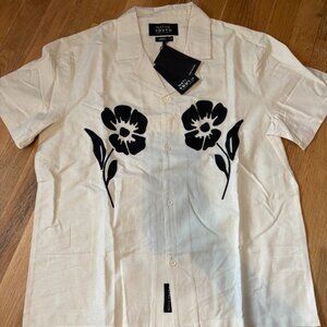 New Men's Native Youth Flower Black White Applique Linen Short Sleeve Shirt